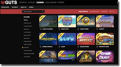 Guts Casino no-download site interface and games lists